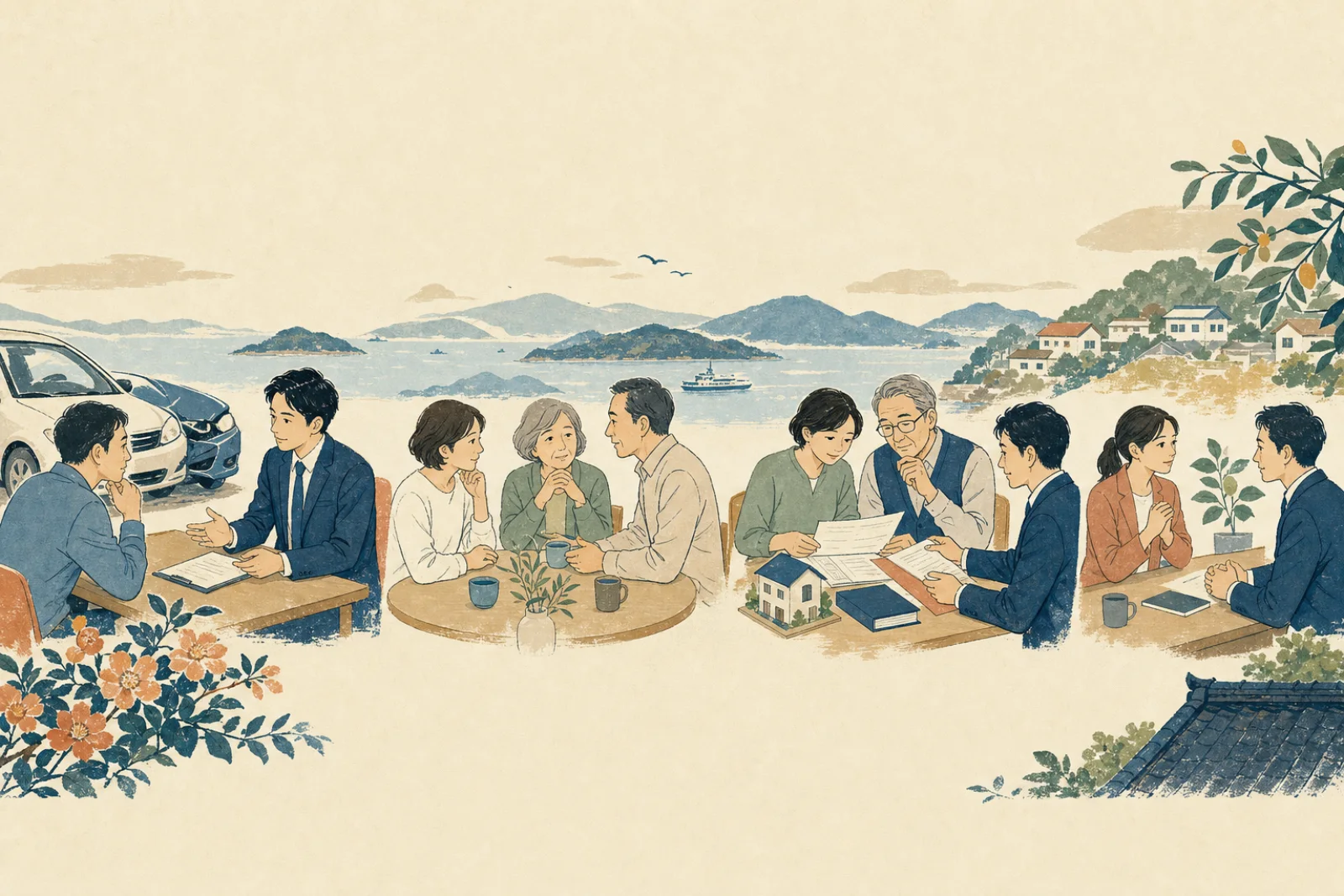 交通事故、家族、相続、住まいなどの相談を弁護士と話し合うオリジナルイラスト